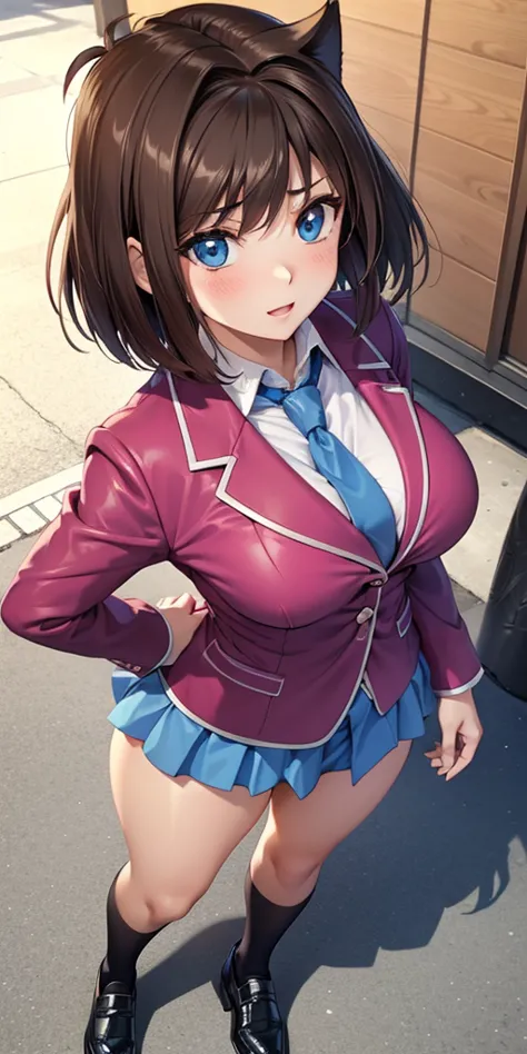     1 female,    high definition,    high resolution ,        ultra-realistic        ,8K, aamazaki, ( capillary antenna   :1.2),  blue tie,blue eyes, (    pink jacket), blazer,     Long Sleeves Leather   , blue skirt,     Skinny skirt    ,     miniskirt,  ...