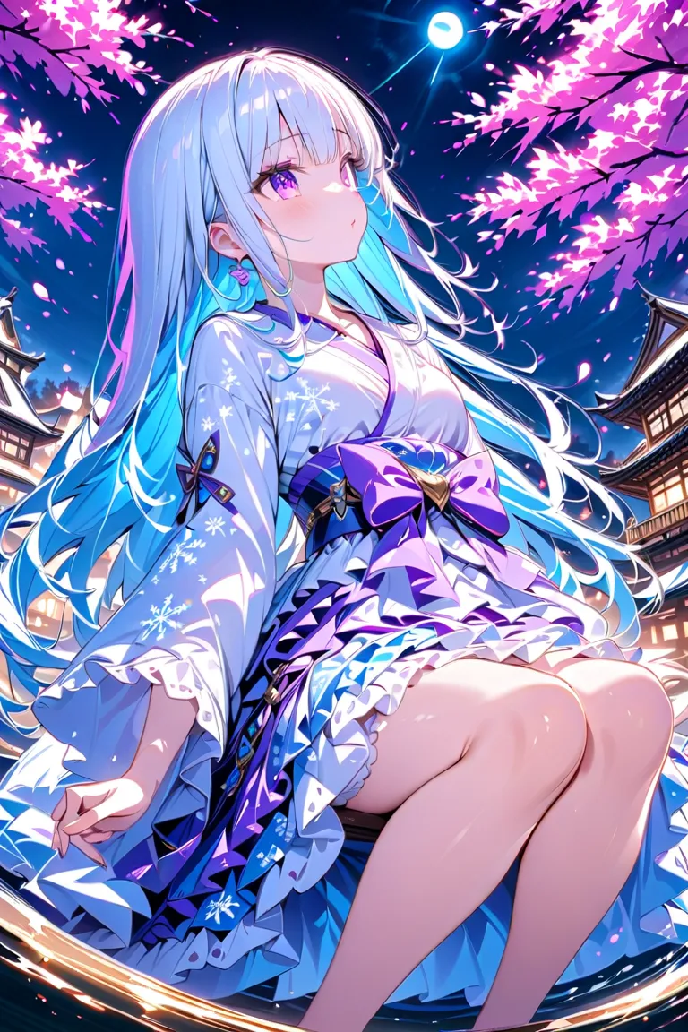 masterpiece,amazing quality,best quality,ultra-detailed,8k,illustration,CG,　 1girl ,  Tell me about 1 beautiful girl who sleeps outdoors underwater、 Lolita Style,  light blue hair color , long hair,  purple and white kimono ,  purple eyes, pretty eyes , pa...