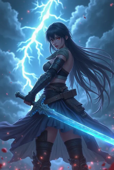 /imagine A fierce anime-style female warrior wielding a glowing sword, standing in a stormy sky filled with dramatic lightning and swirling clouds. She has long flowing hair, a battle-ready outfit with intricate armor, and an intense, determined expression...