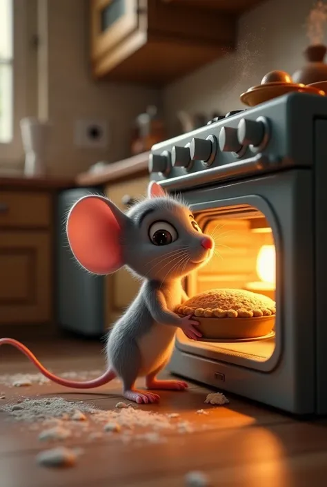 The little gray mouse placing his pie inside the oven in the kitchen 