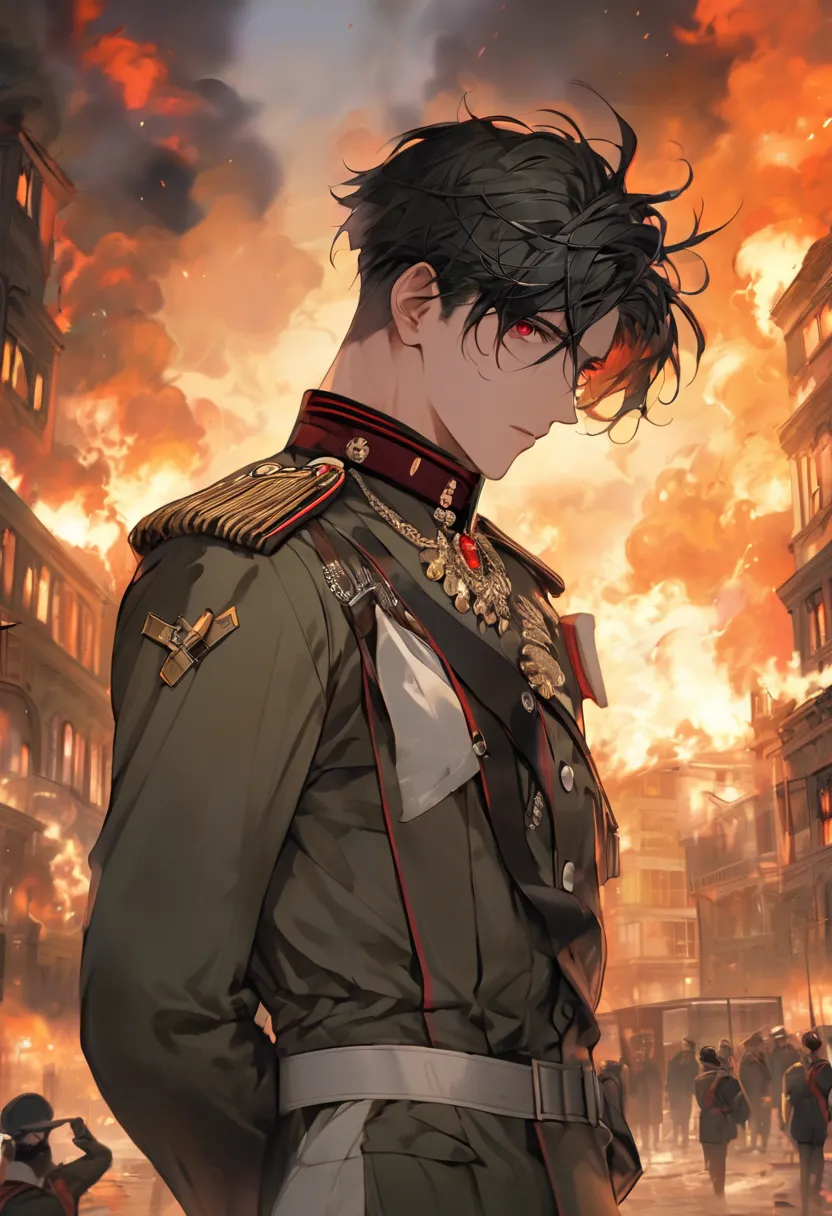  25-year-old male ,  black-haired, RED EYES  ,  WHITE LEATHER FUND,  Attractive face , Hugo Boss type military uniform ,  in the background a city on fire . gold necklace ,  soldier ,  looking at the spectator 