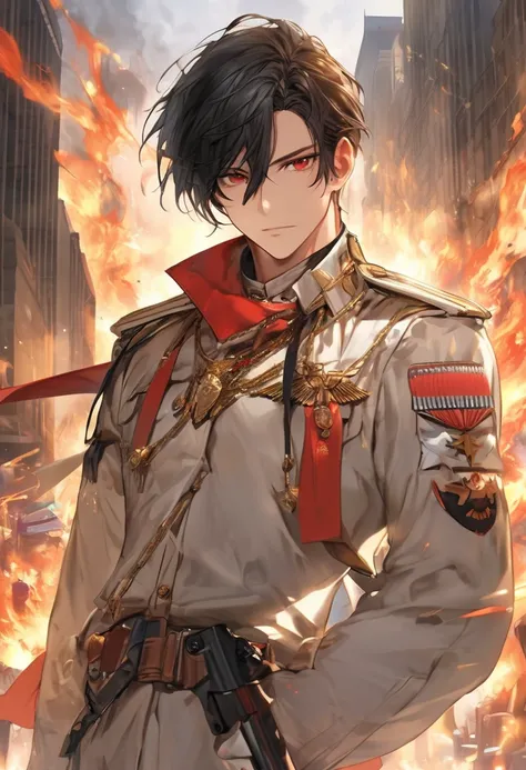  25-year-old male ,  black-haired, RED EYES  ,  WHITE LEATHER FUND,  Attractive face , Hugo Boss type military uniform ,  in the background a city on fire . gold necklace ,  soldier ,  looking at the spectator from the front  ,  angelic face 