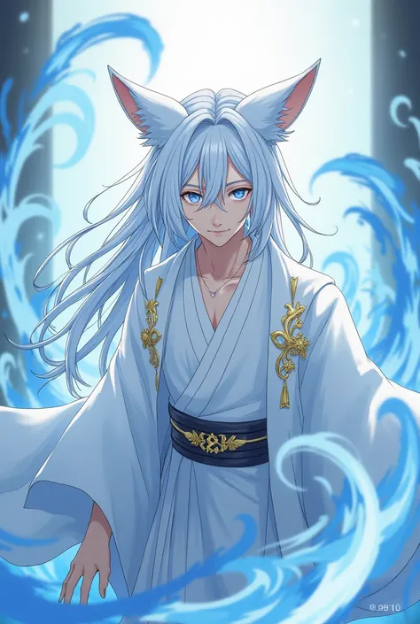  Male anime character ,  with white hair,  long hair,  straight hair, magic blue eyes , with fox ears,  fringe on the face,  wearing a white kimono with gold details, Magic energy around.