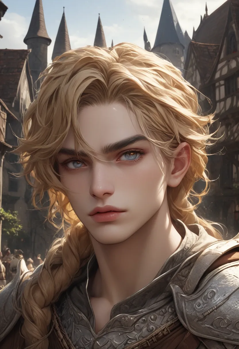 um elfo loiro do sexo masculino, de olhos azuis, corpo forte e definido, com longos cabelos loiros e lisos, vestindo roupas de guerreiro, orelhas puxadas de elfo, armadura de guerreiro, extremely realistic, realistic skin and facial features, beautiful det...