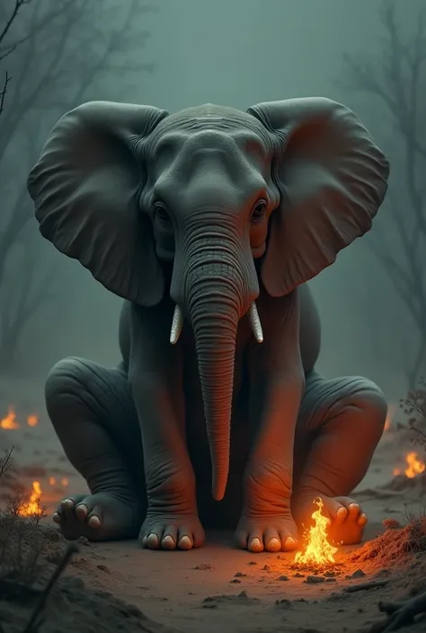 An elephant sitting on an embers is crying