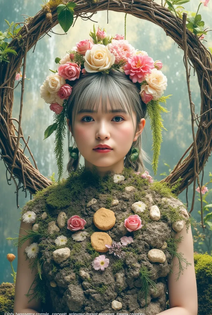 The Earth Goddess,
A portrait of a white woman with silver short, nearly shaved hair, pale blue eyes, on your face a variety of flowers, rose, cherry blossoms, branches and plants, on your body waterfall, Earth, rocks and roots, in a photorealistic illustr...