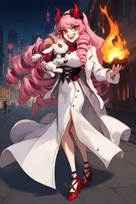 1 woman,  Whole body,  looking straight ahead,  big breast,  slim waist,  pink hair,  long hair,  hairstyle drill ,  golden eyes,  malicious look , teeth saws ,  evil smile , lolita dress,  white coat ,  lab coat ,  high-heeled shoes ,  holding a burning c...