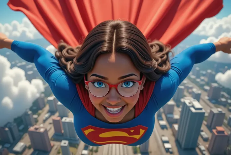 MULTI VIEW (TOP DOWN POV) GORGEOUS BLUE EYES. Imagine it's 1989. A young, 17-year-old Black girl, dark-skinned and radiating pure joy, soars through the air. She's decked out in a brand-new Superman suit, the latest model, a treasure she clearly cherishes....