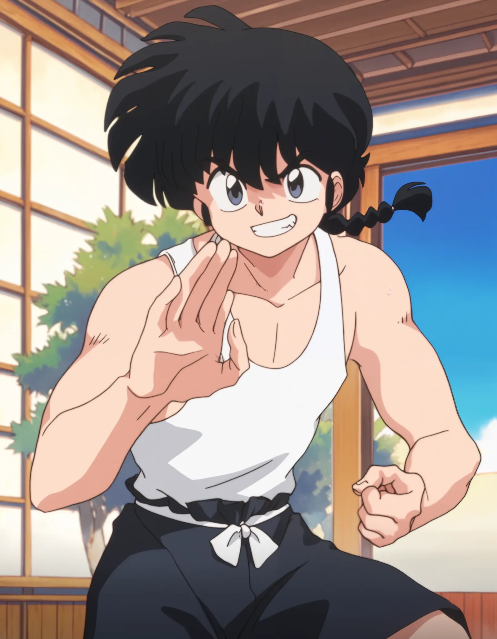 masterpiece, best quality, amazing quality, very aesthetic, absurdres,  1boy, male focus, (male:1.4), black hair, single braid, ranma-boytype, blue eyes, anime coloring, gym shorts, white tank top, japanese home, indoor, thin, fighting pose, grin, ((guard ...