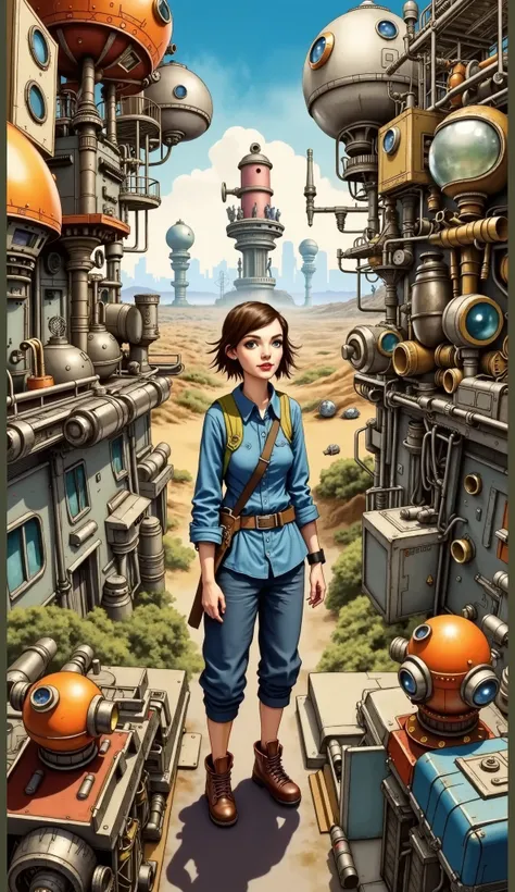 a woman standing in a sci - fio - fio city surrounded by robots, concept art inspired by Alejandro Burdisio, cg society contest winner, retrofuturism, alejandro burdisio art, colorful sci-fi steampunk, epic full color illustration, cover game art, fallout ...