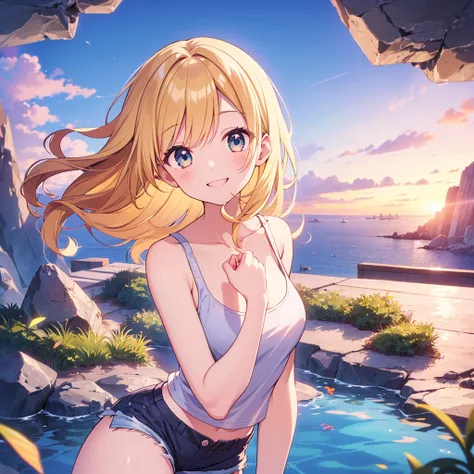 ( masterpiece,  top quality: 1.5), from above:1.3,   upper body,  Tell me about 1 beautiful girl who sleeps outdoors underwater, Alone,  blonde,  (  tank top、  shorts :1.3), Summer clothes ,   blonde hair,  short hair ,   curly hair,  hair fluttering in th...