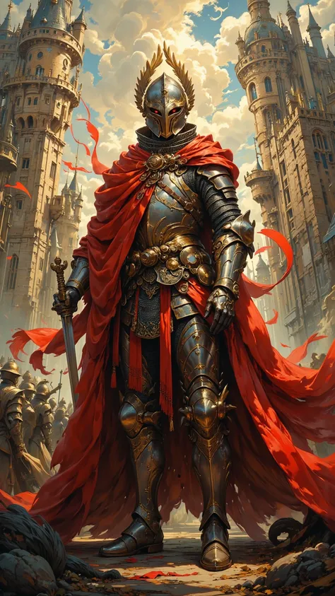  A beautiful surrealist painting ， depicting a medieval knight in battle ，Armor Glitters in the Sun ， bravely standing in front of a majestic castle background 。  Detailed shaping captures every wrinkle and reflection ， while vivid colors and lights bring ...