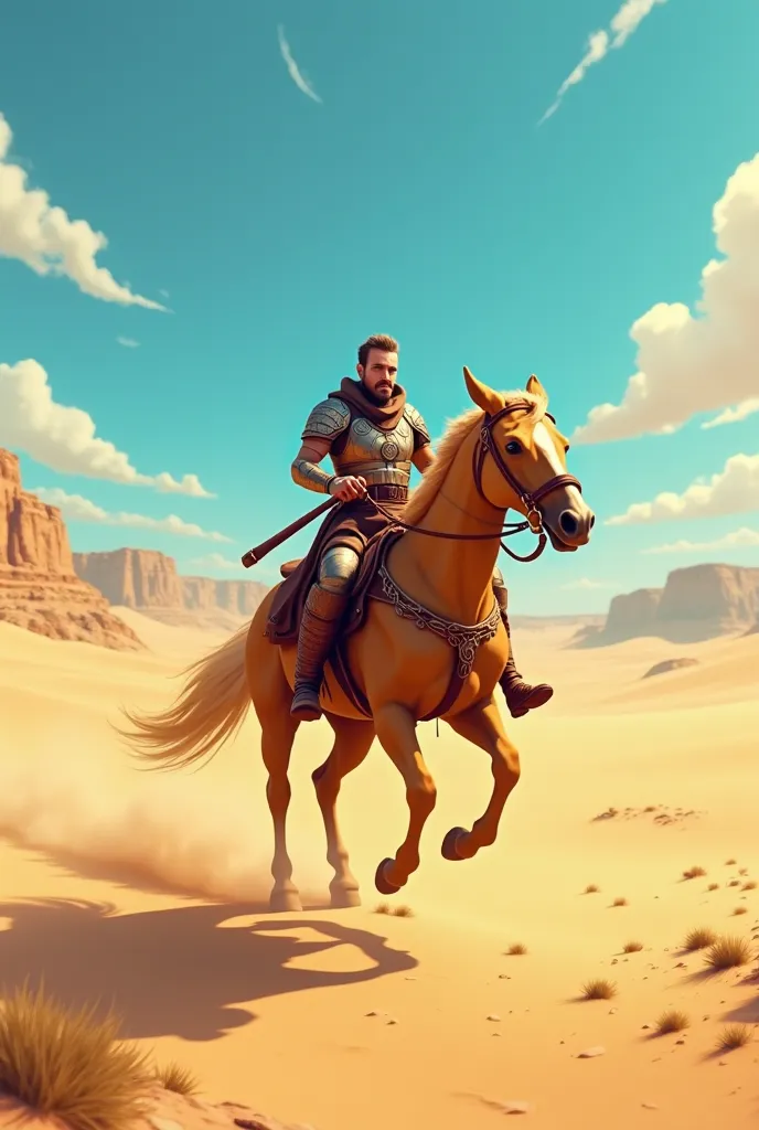 a soldier on his horse in ancient time desert and everything should be animated 