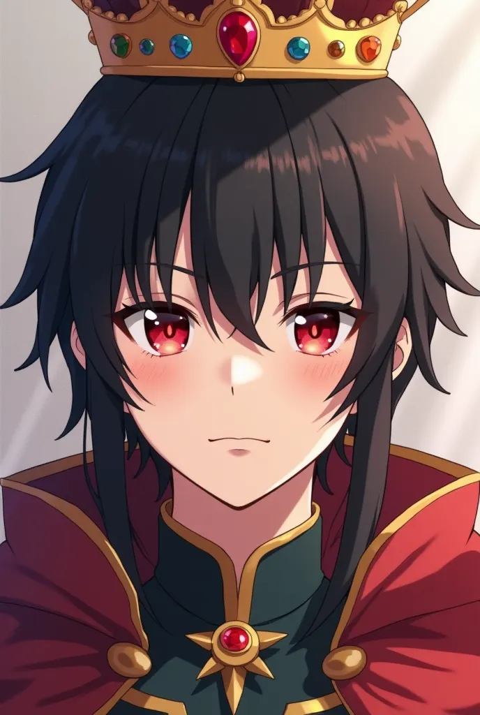 A twenty-year-old teenager ,  with straight black hair , with bangs on the face, beautiful, male face,  expression would be,  bright red eyes ,  wearing a prince costume, wearing a crown with gemstones on the head,  Japanese anime .