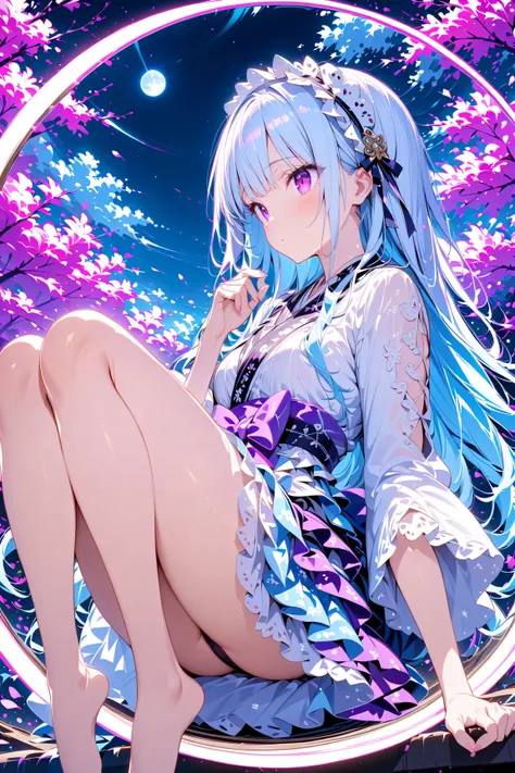 masterpiece,amazing quality,best quality,ultra-detailed,8k,illustration,CG,　 1girl ,  Tell me about 1 beautiful girl who sleeps outdoors underwater、 Lolita Style,  light blue hair color , long hair,  purple and white kimono ,  purple eyes, pretty eyes , pa...