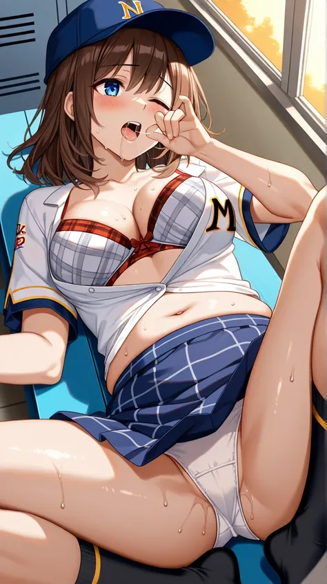  high school student, white bra、 white panties、Female manager of the baseball team、

((uniform, Please unbutton the white short sleeve blouse and show off the white bra、 navy blue skirt、 black socks、 baseball cap、))

((Brown hair 、 medium hair、 blue eyes、)...