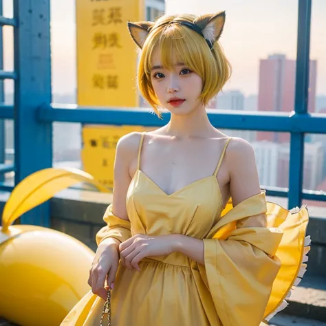  alone， look at the audience  , 亚洲    girl，    girl， unique ， Yellow Hair ，    short hair，   animal ears   ，  Furry Ears，   yellow pupils  ，Hair dripping  ，Wet hair，    blush，Yellow dog ears  ，droopy dog ears  ， furry animal tail，黄色绒毛Dog Tail ， Dog Tail，Dr...