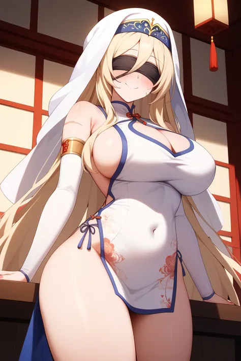 masterpiece,best quality,{{detailed beautiful face and eyes}}, very detailed background,
Sword Maiden,{{{megami magazine}}},very long hair,blonde hair,black blindfold,hair between eyes,scar on stomach,scar on arm,white veil,large breasts,
((bare shoulders,...