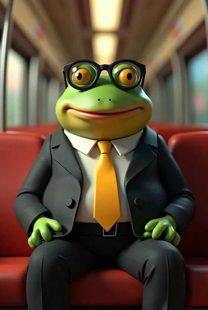  Man's fat frog wearing round black glasses、Cartoon Characters,  black suit and yellow tie ,  Anime Characters ,  Character style ,   in animated style 、Sitting on a train seat , 3d stylized ,  Arnold Maya rendering ,  stylish 3d rendering ,  toon renderin...