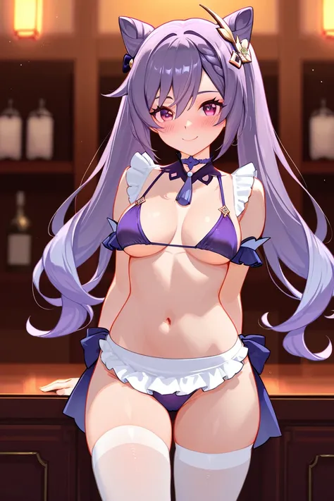 8k,masterpiece, best quality, ultra detailed, high resolution, super fine illustration,Keqing (Genshin impact), 1girl, solo, blush, smile,purple eyes, purple hair, cone hair bun, double bun, braided bangs, long hair, medium breasts, frilled apron,bikini, l...