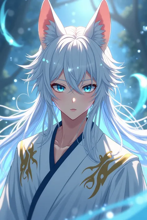 Adult male anime character,  with white hair,  long hair,  straight hair, magic blue eyes , with fox ears,  fringe on the face,  wearing a white kimono with gold details, Magic energy around.