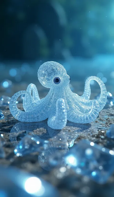 A small, sparkling octopus made of crystals is swimming in the distance on the seabed where diamonds dance