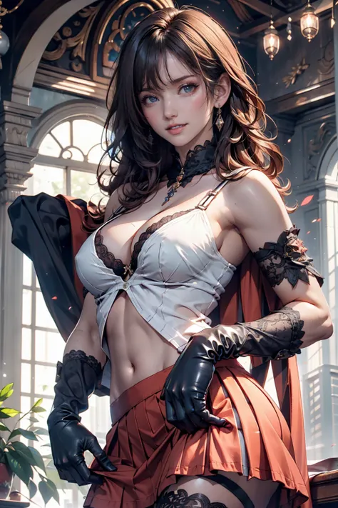  masterpiece,  best quality,, GBF Date, Black gloves decorated with long lace that extend to the upper arms,  black thigh high, Cape, Draft,  gray hair,  big breasts,  long hair ,  micro mini pleated skirt ,  red skirt,,  indoor,  cake,  happy, smile、 Off-...