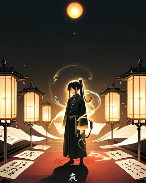 "A mystical scholar in traditional Chinese robe, standing in the center of a swirling vortex of glowing magical scrolls and papers, written in ancient calligraphy. His long black hair tied up in a warrior’s ponytail, and he wears an elegant white and black...