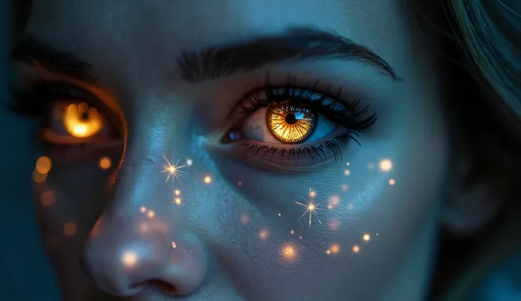  Create an elegant image Mysterious from a close up of expressive female eyes.  The eyes must have a vibrant and unique iris ,  with subtle golden reflections that suggest a powerful inner energy .  Around the eyes ,  include soft geometric patterns that r...