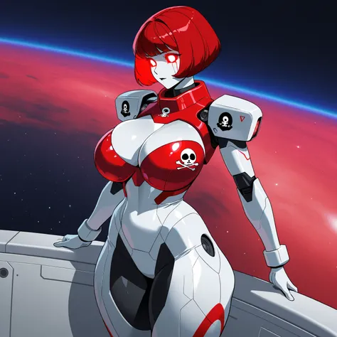 Mathilda, Robotic White skinned woman, Bob cut Bright Red Hair, Large Breast, Voluptuous Build, wide hipped, thick thighs, wearing a Red High Tech Armor, Black Jolly Roger Symbol on Her Chest, iridescent Red glowing glass eyes, standing on Space Dock