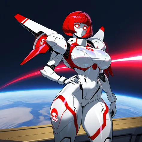 Mathilda, Robotic White skinned woman, Bob cut Bright Red Hair, Large Breast, Voluptuous Build, wide hipped, thick thighs, wearing a Red High Tech Armor, Black Jolly Roger Symbol on Her Chest, iridescent Red glowing glass eyes, standing on Space Dock