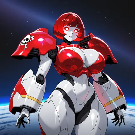 Mathilda, Robotic White skinned woman, Bob cut Bright Red Hair, Large Breast, Voluptuous Build, wide hipped, thick thighs, wearing a Red High Tech Armor, Black Jolly Roger Symbol on Her Chest, iridescent Red glowing glass eyes, standing on Space Dock