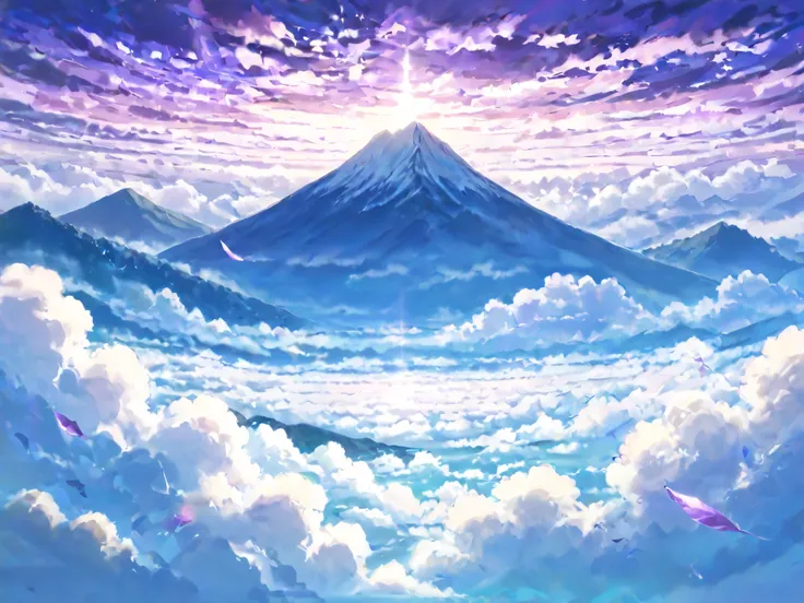 「The mysterious mountain above the clouds 」
 a mountaintop mountain leading to the sky 々but、 floating in a sea of fluffy clouds 。 頂上には古代の神殿のような建物but佇み、神秘的な光but漏れている。 山肌には虹色の滝but流れ、Forest Trees々 has blue and purple leaves 、 showing a fantastic scene 。