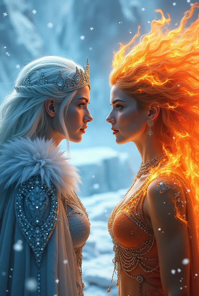 Create a fantasy image of an ice queen and a fire queen side by side