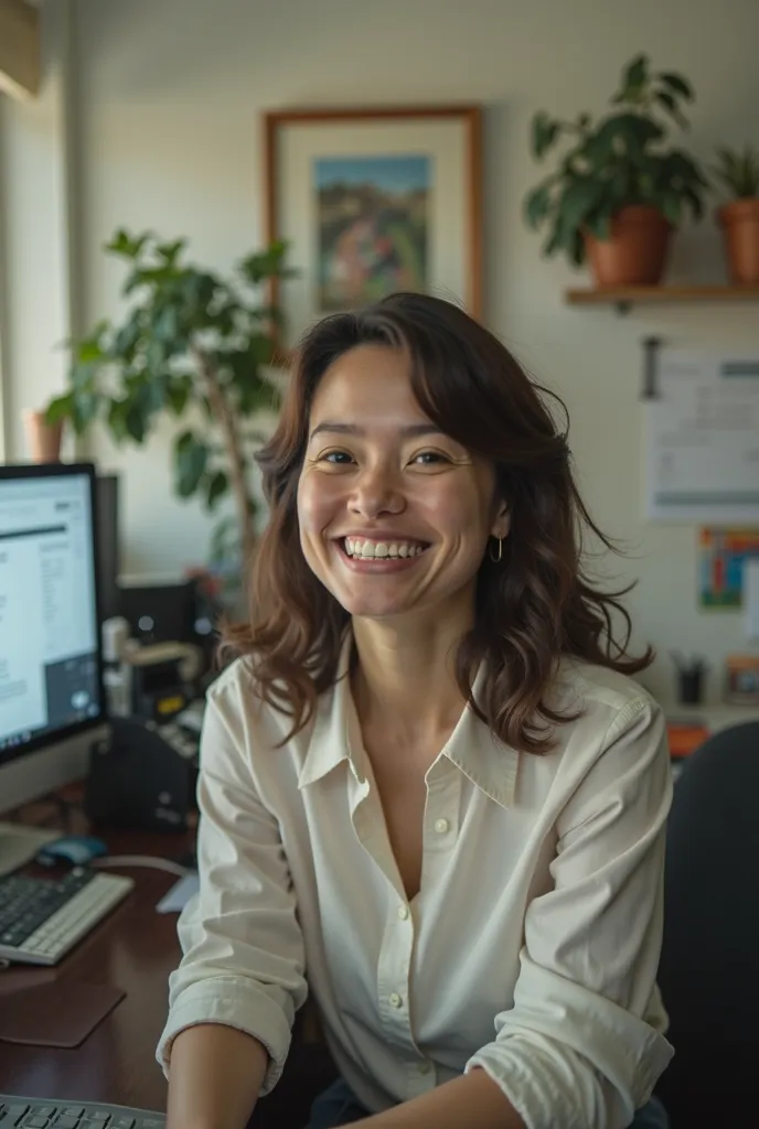 Make a woman at her desk drawing, Let the atmosphere be from the 90s,  smiling at the camera unprepared as if a photo at work will be treated, with nothing technological, Everything like in the 90s