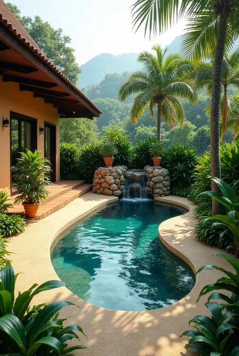  a residential pool shaped like a bean grain on the side of a house overlooking a plantation,  pool with sand-colored textured coating and on the same level of the house with tropical vegetation next to it, Cascade of natural stones falling into the pool .