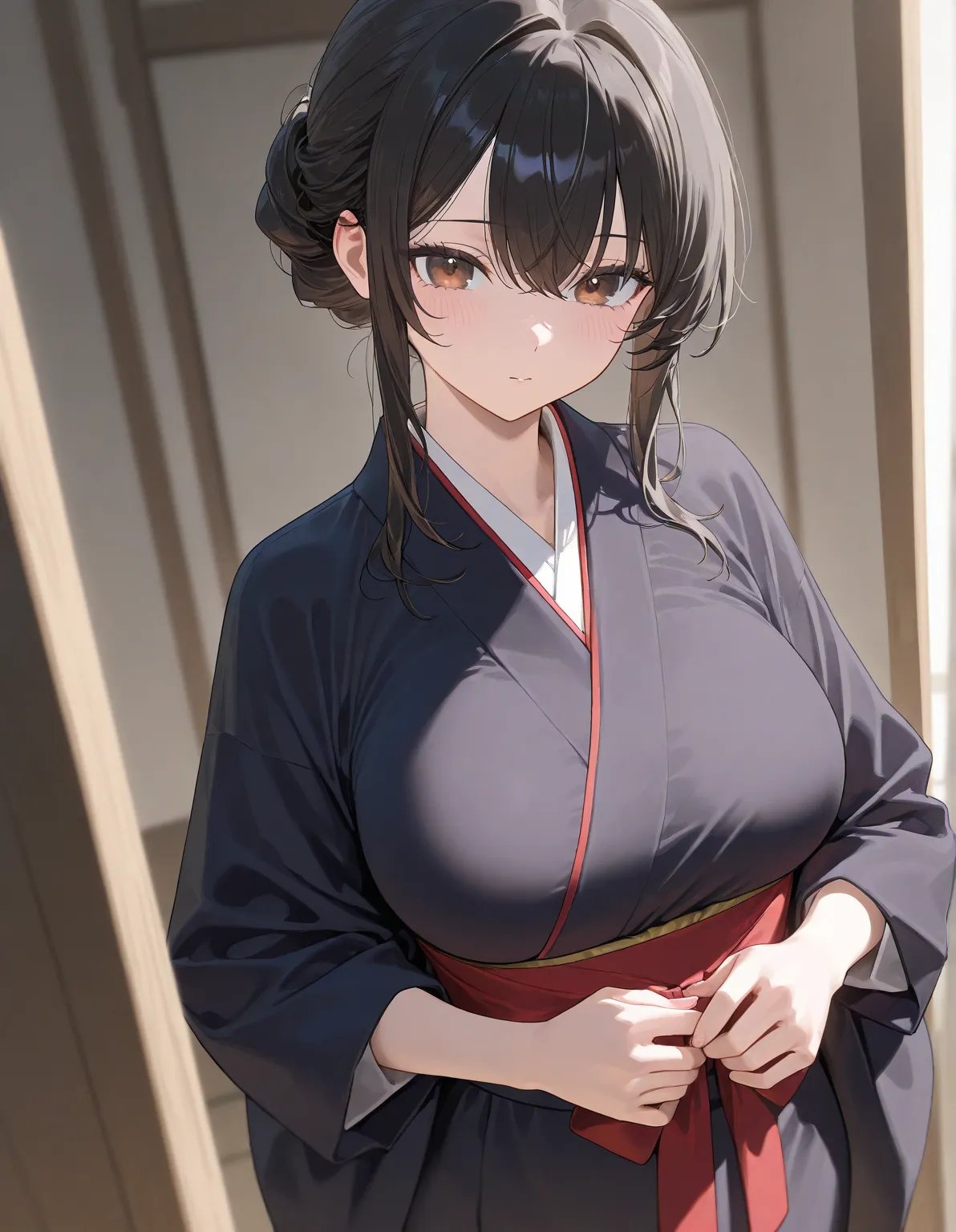 masterpiece,best quality , newest , safe, beautiful woman, black hair brown eyes, large breasts, dressed as a geisha