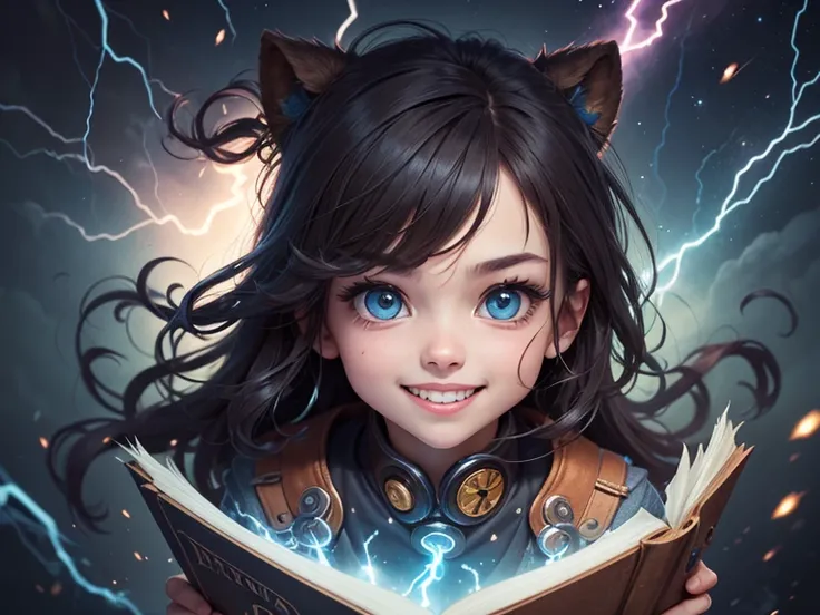 "A cute, lively anthropomorphic book with expressive eyes and a mischievous grin. The book cover has the words ‘NE-TA’ written on it, and floating beside it is a magic quill that scribbles ideas nonstop. Speech bubbles and symbols like lightning bolts, sta...