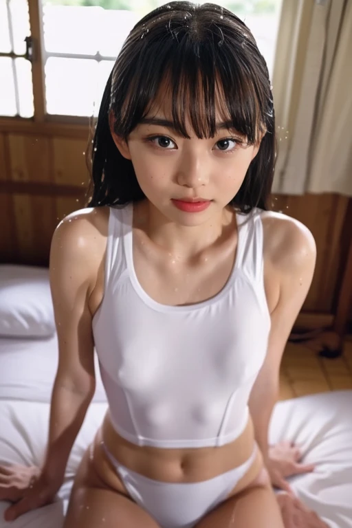 With bangs、Innocent Girl、((White underwear 1：9))、、Wet Skin、、((Wet swimsuit:1.2))、、Dimly lit room, ,Perfect lighting), Focus Only,、 Recall