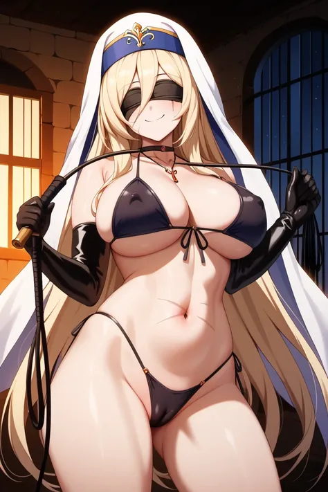 masterpiece,best quality,{{detailed beautiful face and eyes}}, very detailed background,
Sword Maiden,{{{megami magazine}}},very long hair,blonde hair,black blindfold,hair between eyes,scar on stomach,scar on arm,white veil,large breasts,
(dominatrix:1.3),...