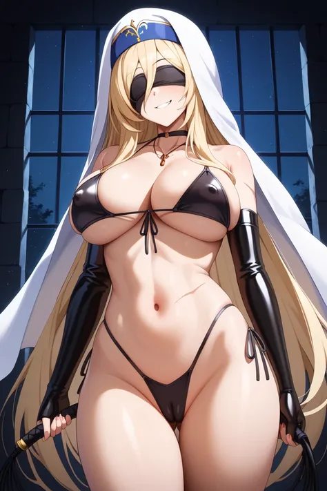 masterpiece,best quality,{{detailed beautiful face and eyes}}, very detailed background,
Sword Maiden,{{{megami magazine}}},very long hair,blonde hair,black blindfold,hair between eyes,scar on stomach,scar on arm,white veil,large breasts,
(dominatrix:1.3),...