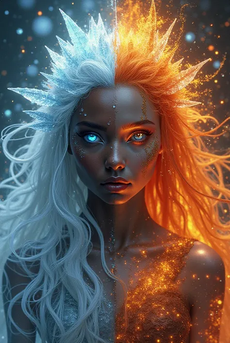 Create a psychedelic image of an ice queen and a fire queen, both black-skinned side by side