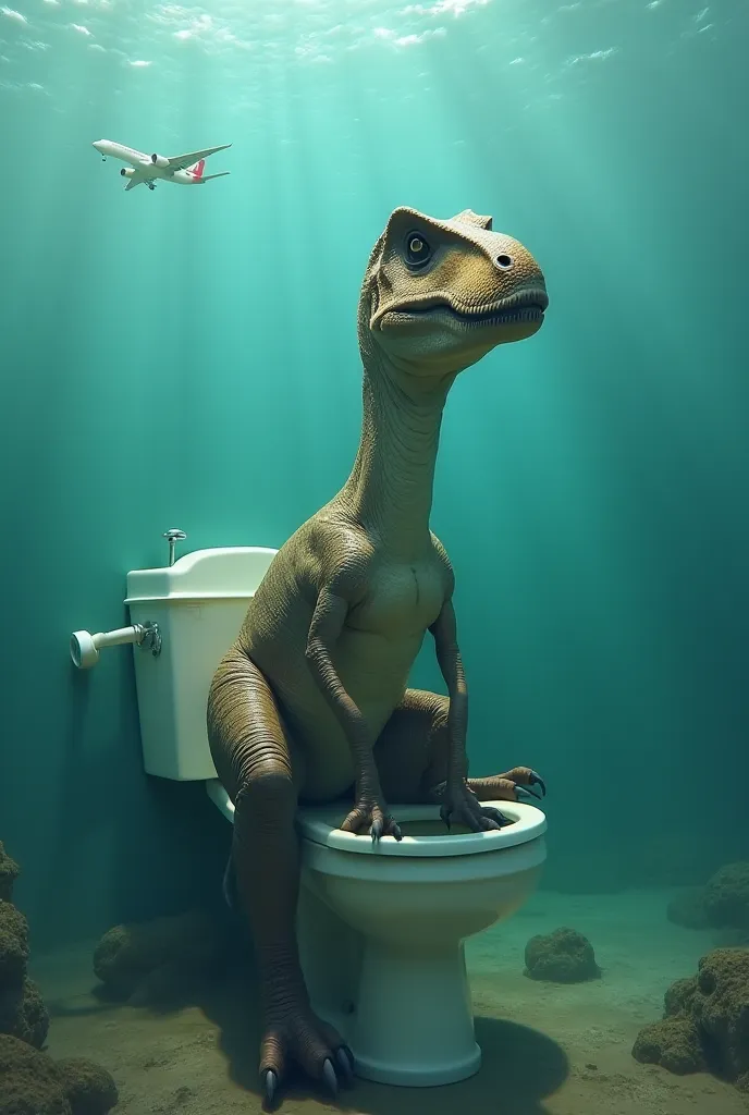 Dinosaur sitting on underwater toilet with plane

