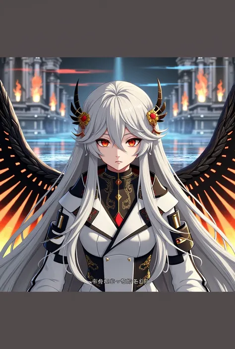 A   with fair skin , red eyes and long white hair , This  wears a white outfit, Remembering a commander, She has two black angel wings , She also has fire on her back