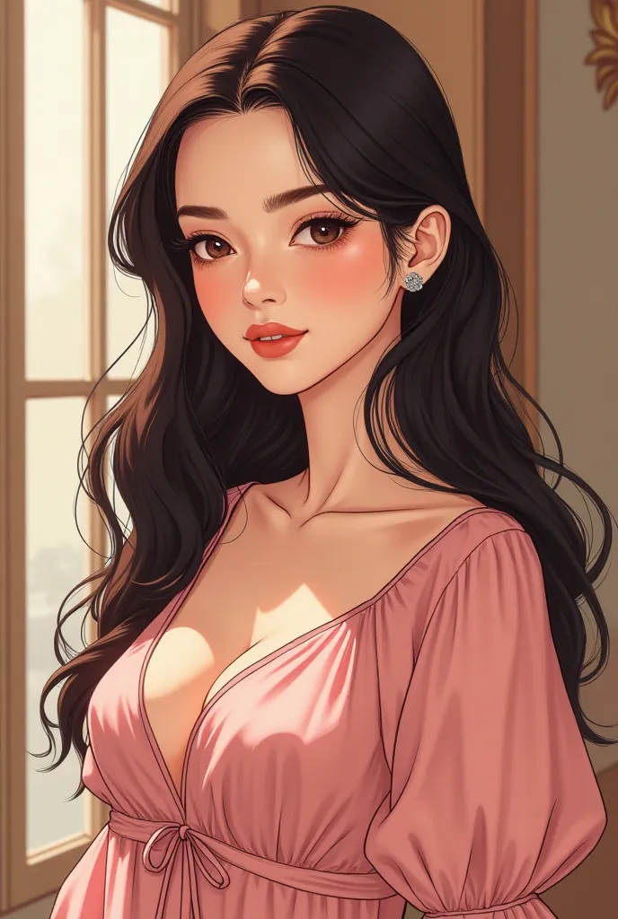 Crea una imagen de una chica estilo Manhwa que tenga una tez clara, ojos color miel, cabello largo ondulado y café, vestida con ropa elegante color rosa