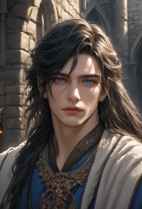 um homem masculino belo, clerigo medieval, olhos azuis, cabelos negros e sedosos até a cintura, usando um robe chines, xtremely realistic, realistic skin and facial features, very long hair, sensual blue eyes, beautiful detailed eyes, beautiful detailed li...