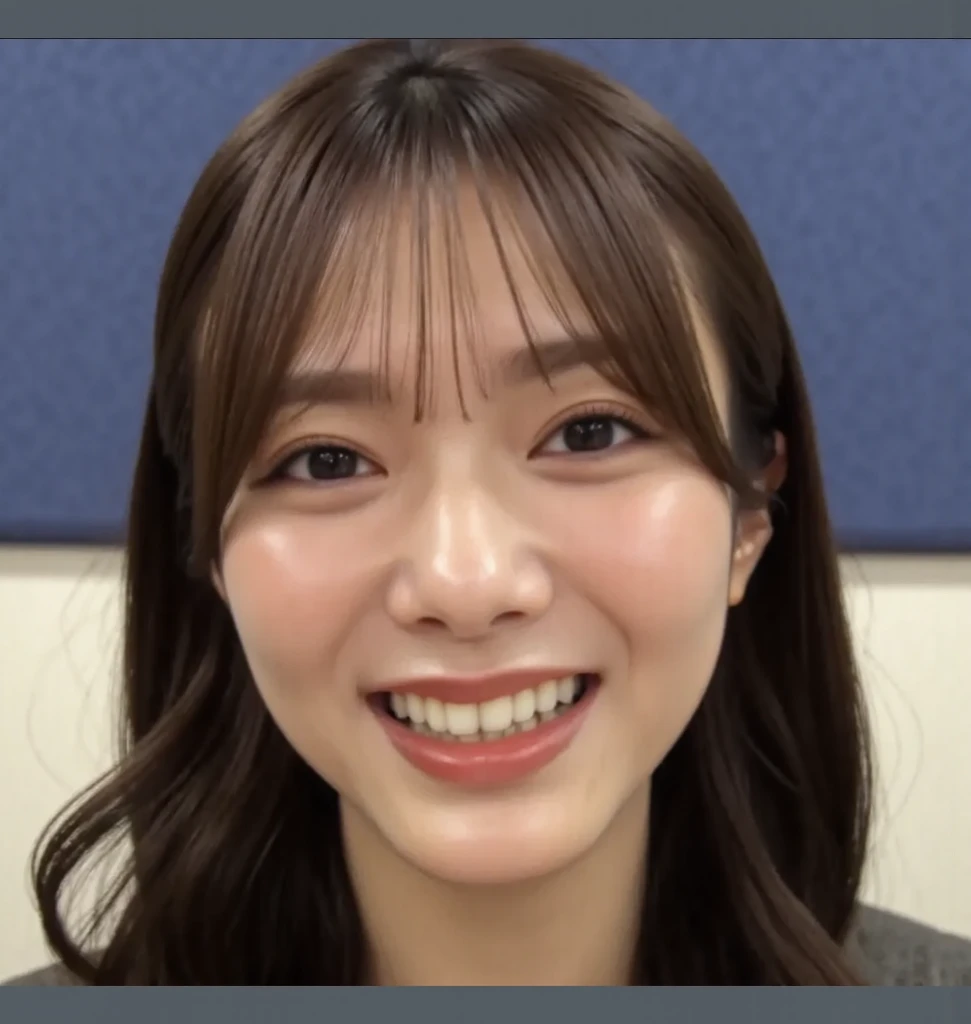   The image is a portrait of a young Asian woman with long brown hair and bangs .  she is looking directly at the camera with a serious expression .   She has a faint smile on her lips 、 is wearing a white blouse with black stripes .   background is blurry...