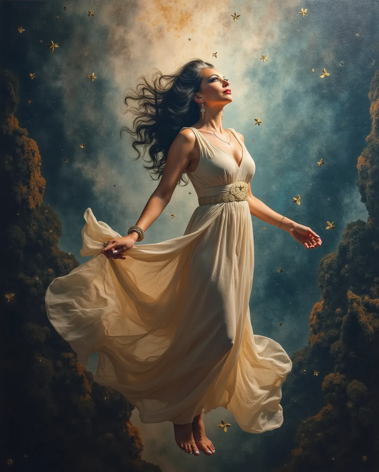  masterpiece, 8K,  oil effect, Woman entering the sky.