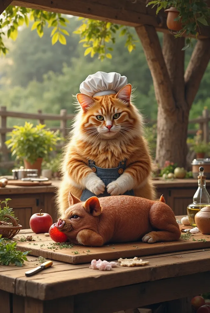 A chubby, fluffy orange cat with soft fur, white paws, and a striped tail, dressed as a chef with a white chef’s hat and a small apron, is standing upright like a human in an outdoor kitchen set in a rustic farm setting. In front of the cat, on a sturdy wo...