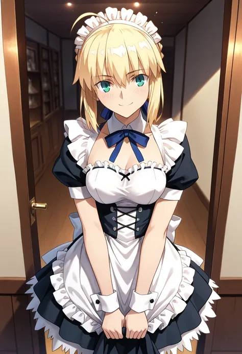 ufotable style, ufotable anime, 
 Artoria Pendragon  ,  (Fate),   Artoria Pendragon   Fate Grand Order, smile,,(Maid:1.3)、smile,,best quality best qualitysmile ,,best quality ( best quality )、(Nonsense)、( very detailed)、( very beautiful way to hold ) infor...